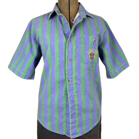 Vintage‎ 80s Striped BUGLE BOY Button Down Purple Green Mens (S/M) _Flaws - Picture 1 of 10